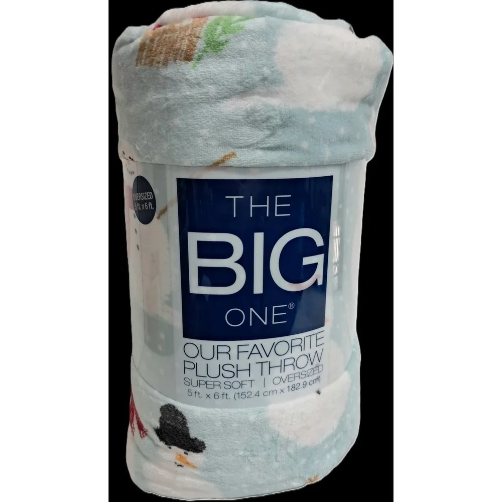 Christmas Plush‎ Throw Blanket 5' x 6', Soft and Cozy, Lt Blue, Snowman Design